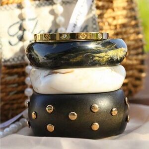 Stacked Bangle Bracelet Set - Black, White & Gold Accents